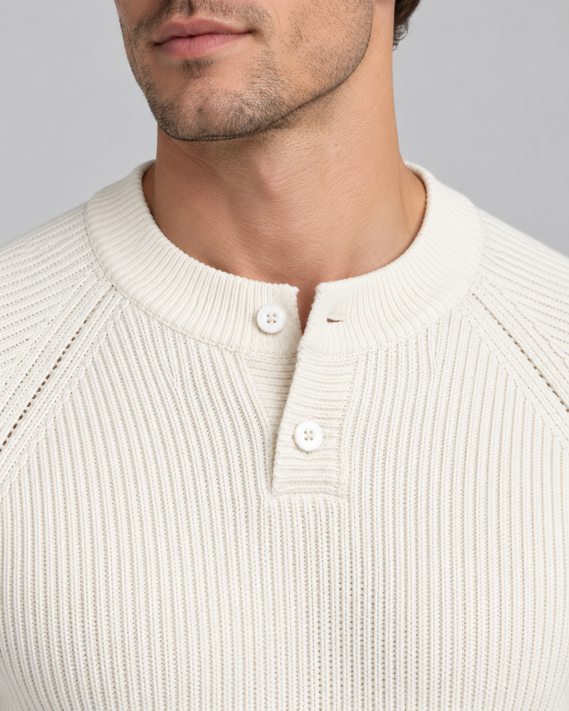 Men's Henley Sweater - Ribbed Knit Button Neck Raglan Sleeve