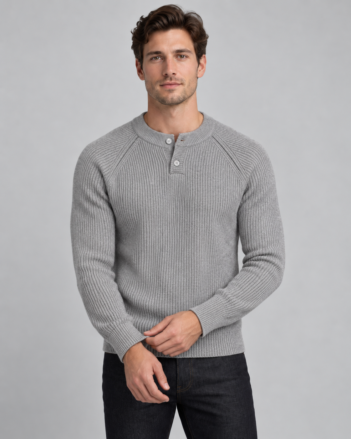 Men's Henley Sweater - Ribbed Knit Button Neck Raglan Sleeve