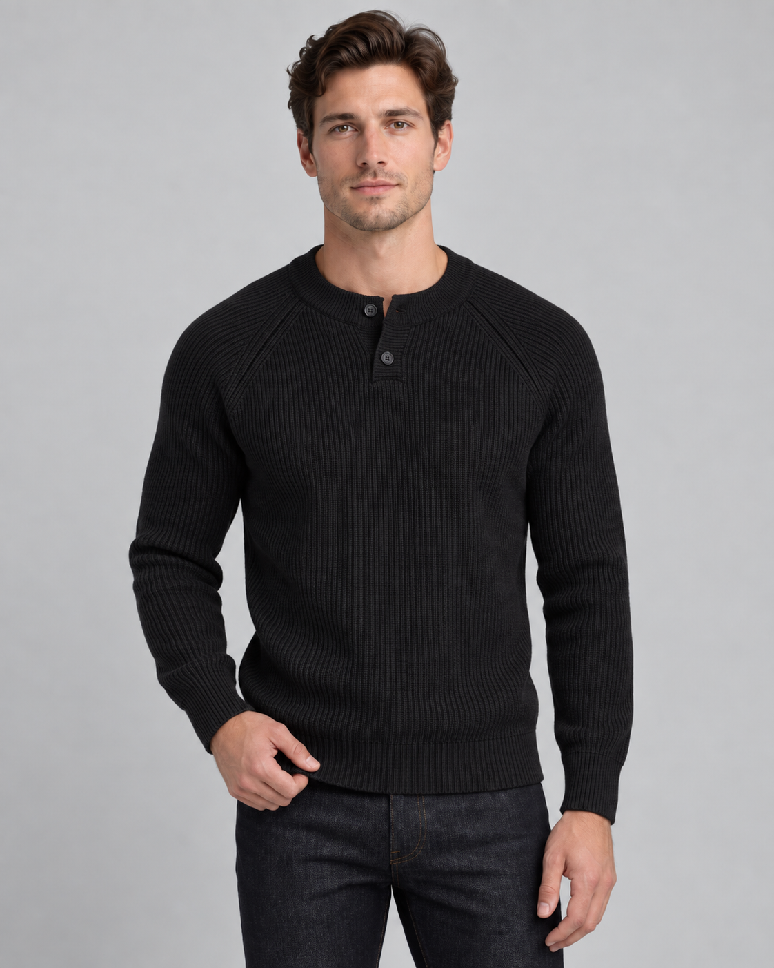 Men's Henley Sweater - Ribbed Knit Button Neck Raglan Sleeve