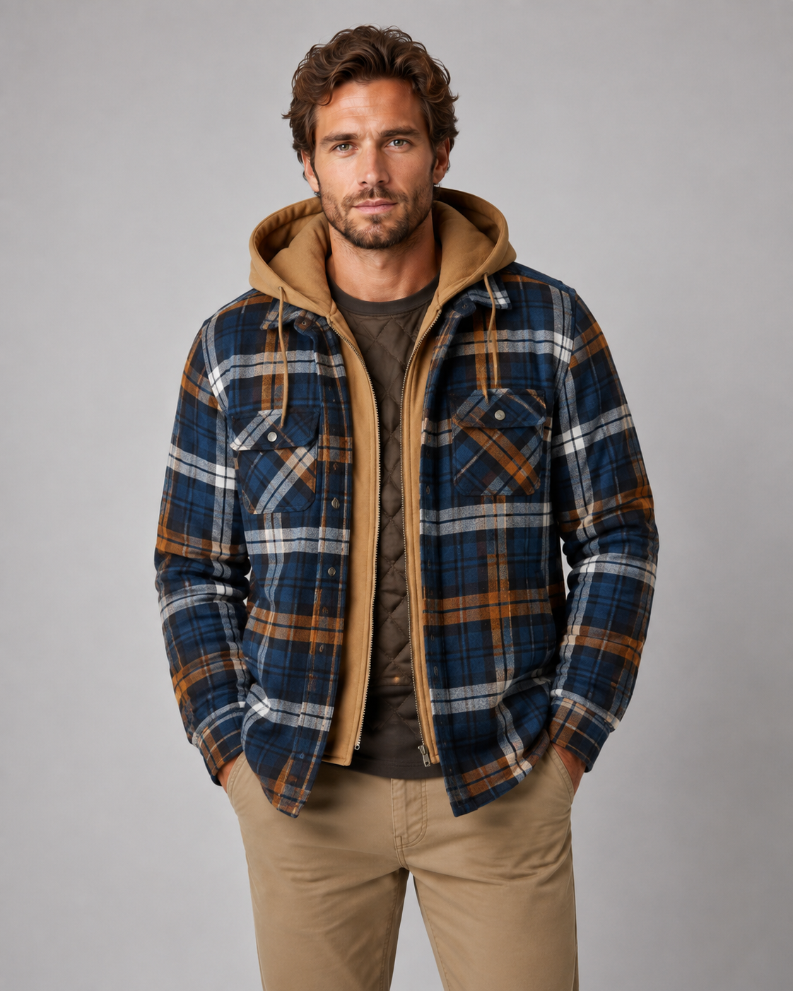 Men's Hooded Plaid Shacket - Quilted Lined Zip Front