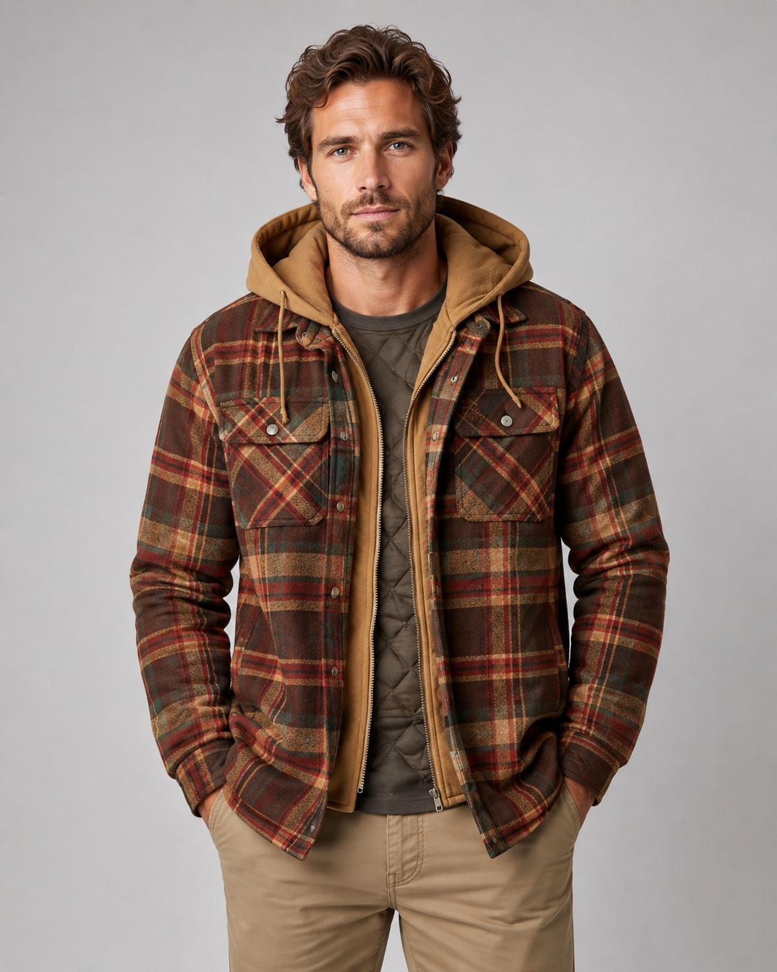 Men's Hooded Plaid Shacket - Quilted Lined Zip Front