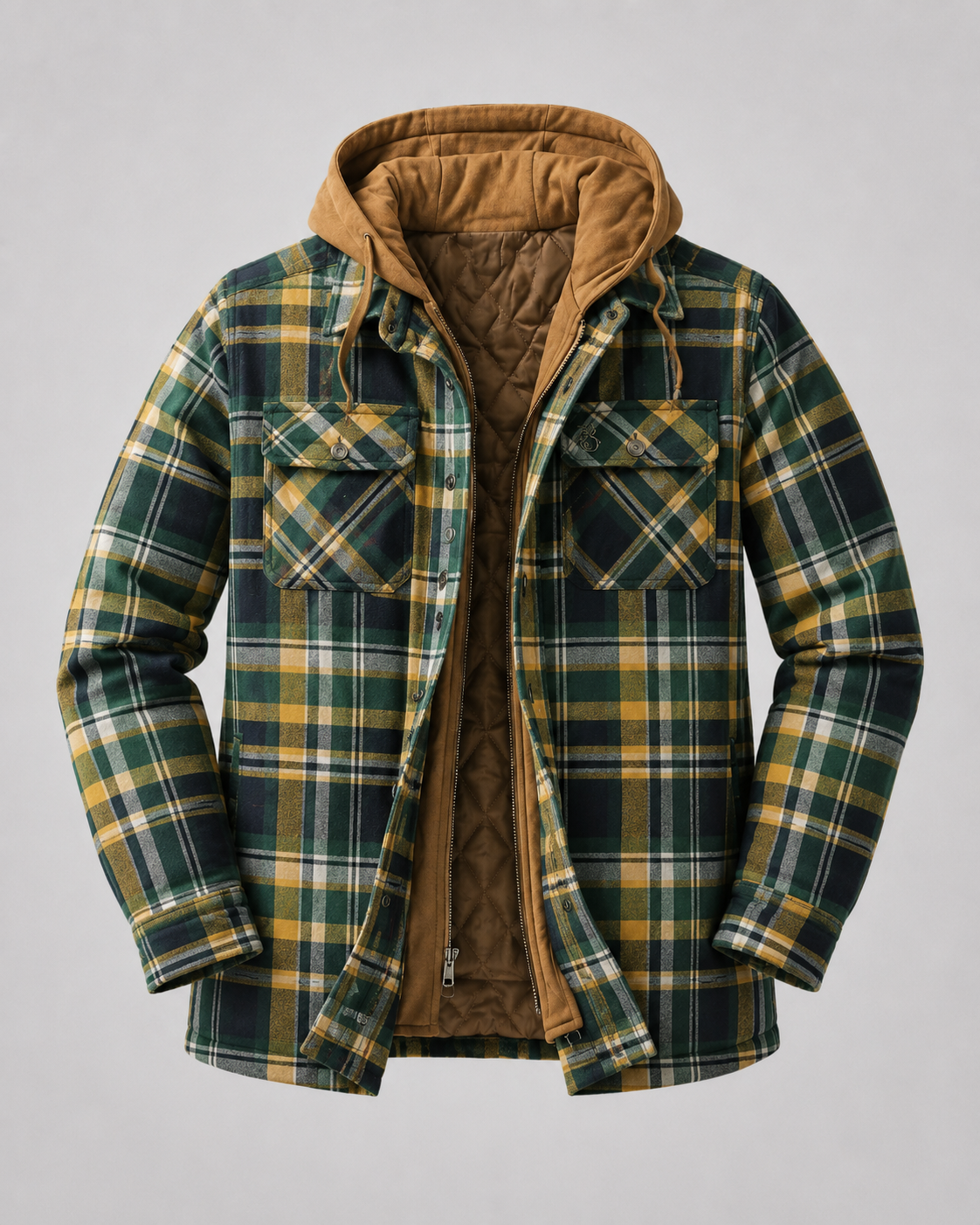 Men's Hooded Plaid Shacket - Quilted Lined Zip Front