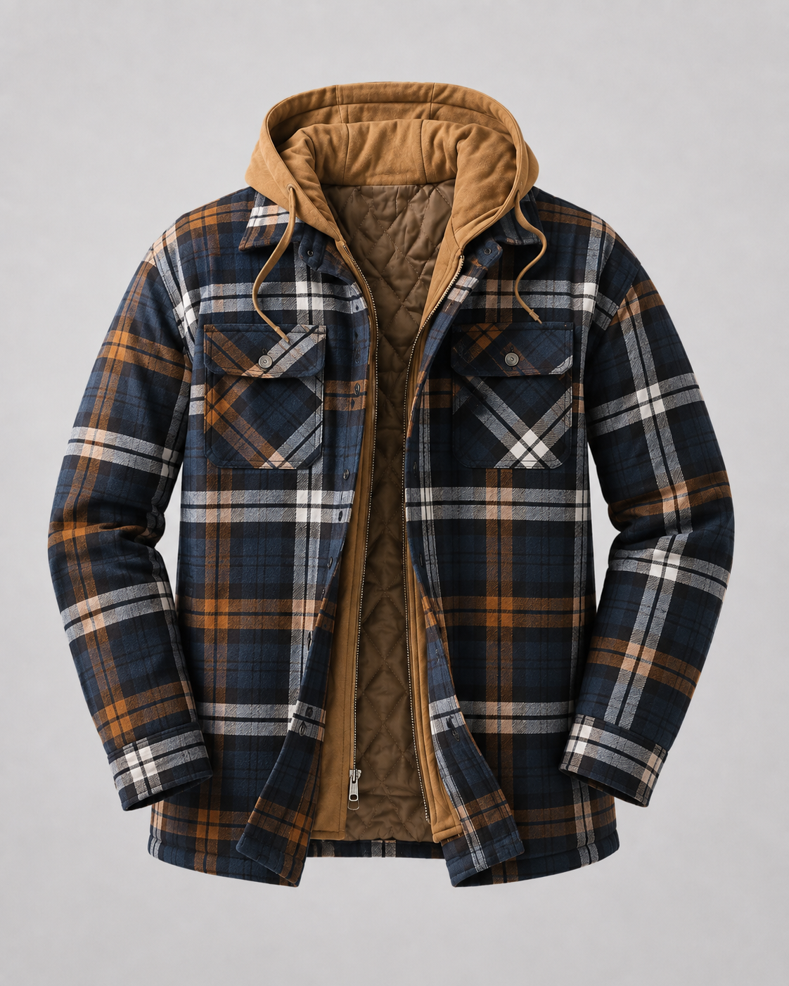 Men's Hooded Plaid Shacket - Quilted Lined Zip Front