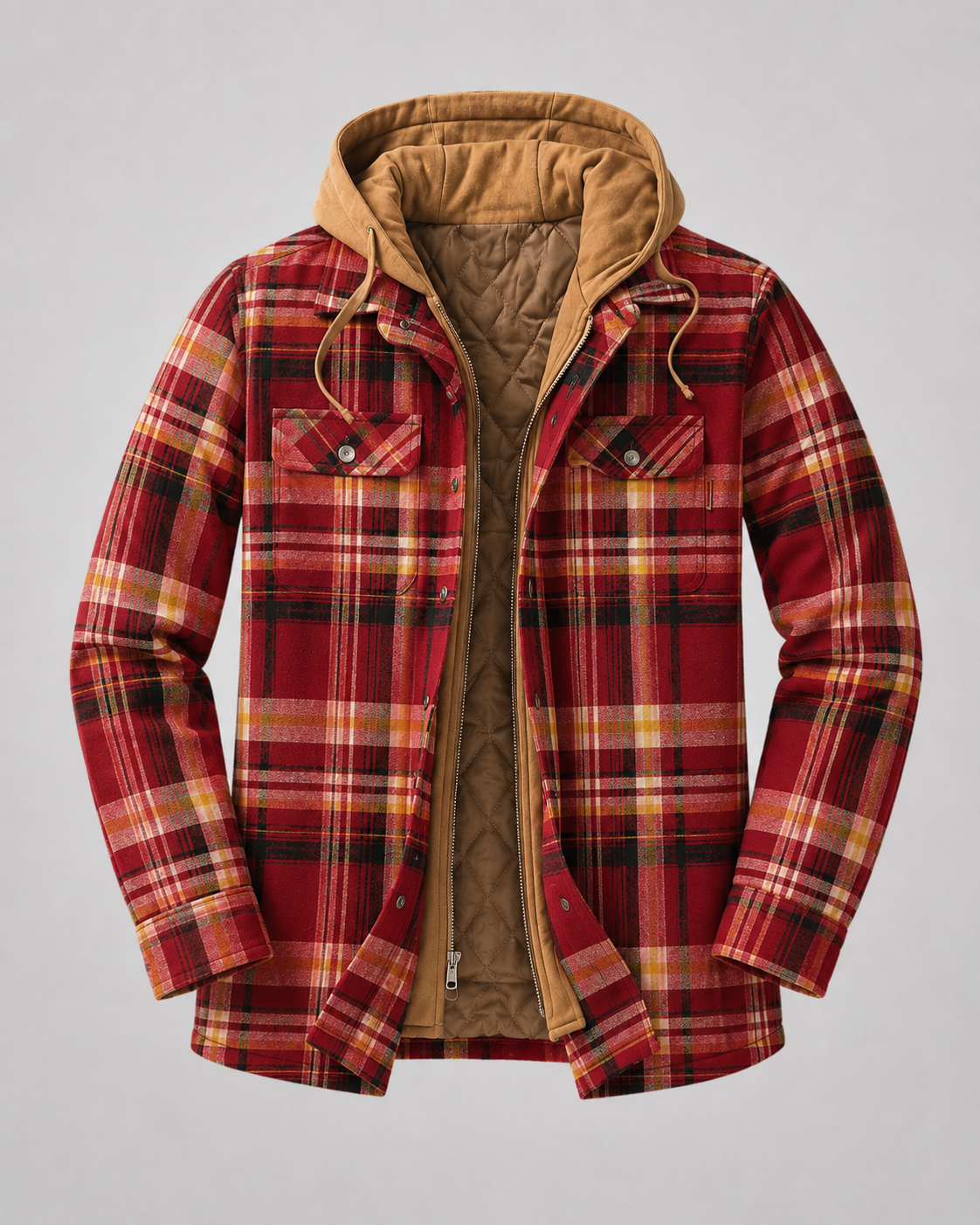 Men's Hooded Plaid Shacket - Quilted Lined Zip Front