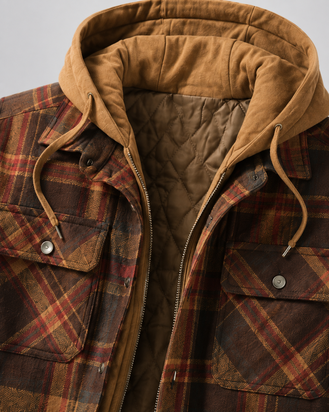 Men's Hooded Plaid Shacket - Quilted Lined Zip Front