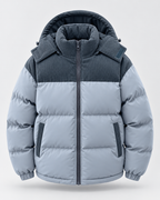 Men's Hooded Puffer Jacket - Corduroy Panel Zip-Up Regular Fit