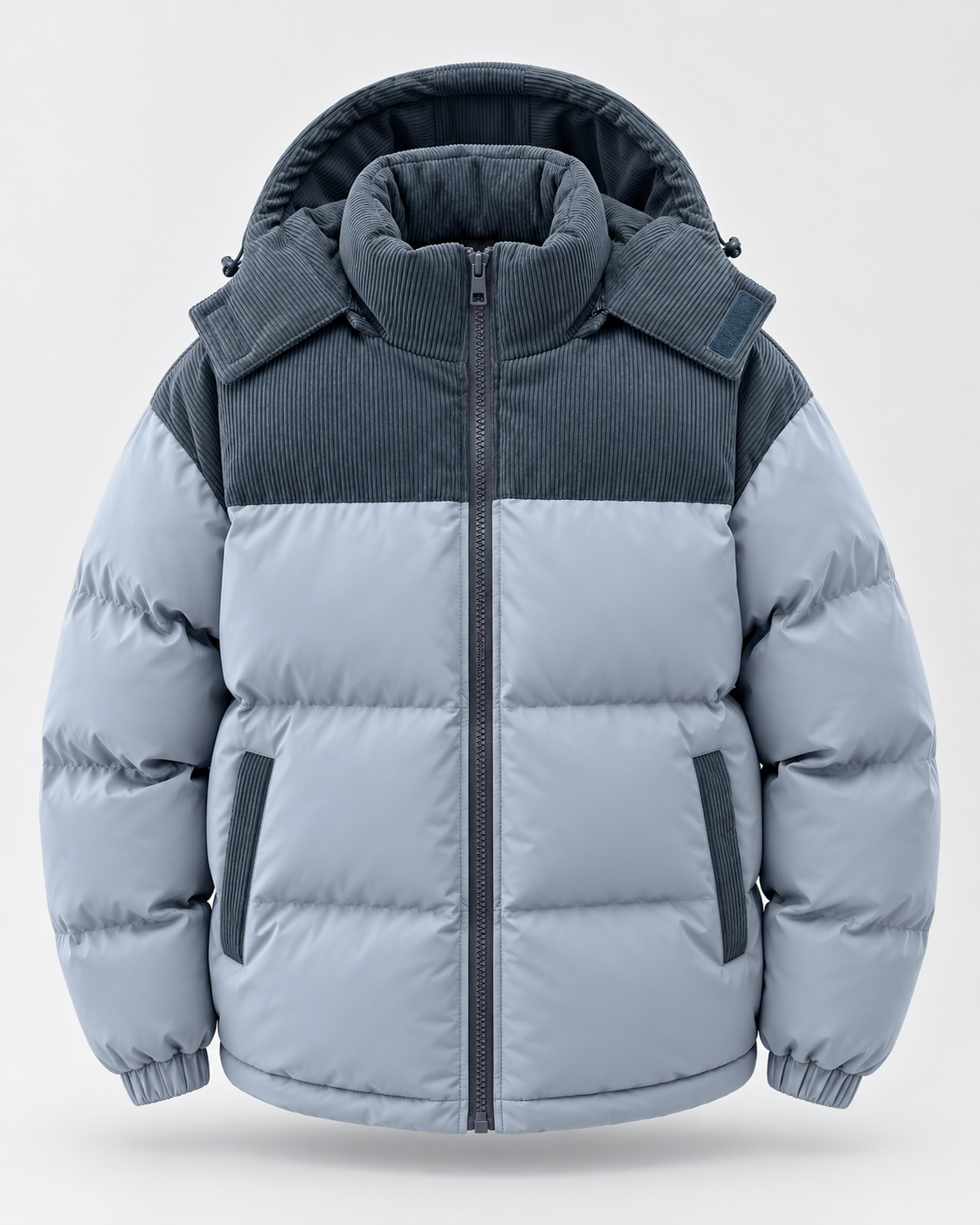 Men's Hooded Puffer Jacket - Corduroy Panel Zip-Up Regular Fit