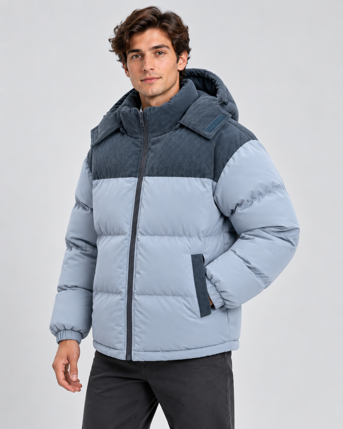Men's Hooded Puffer Jacket - Corduroy Panel Zip-Up Regular Fit