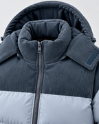 Men's Hooded Puffer Jacket - Corduroy Panel Zip-Up Regular Fit