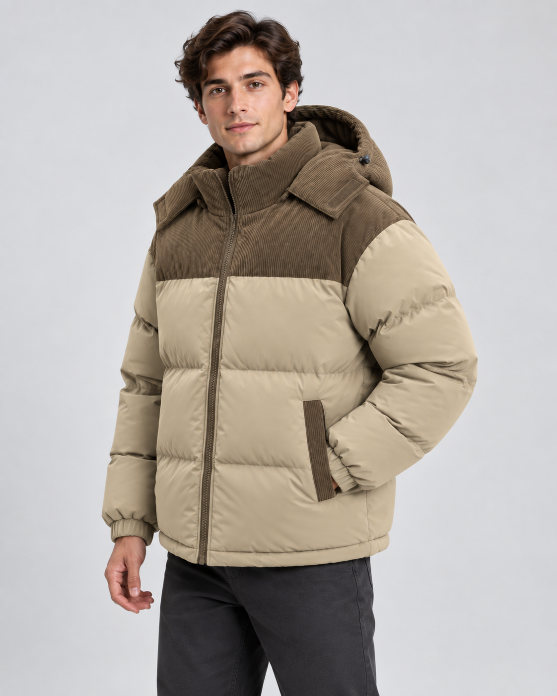 Men's Hooded Puffer Jacket - Corduroy Panel Zip-Up Regular Fit