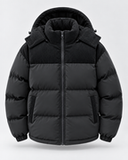 Men's Hooded Puffer Jacket - Corduroy Panel Zip-Up Regular Fit