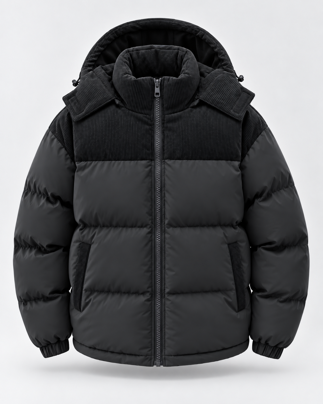 Men's Hooded Puffer Jacket - Corduroy Panel Zip-Up Regular Fit