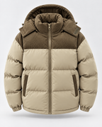 Men's Hooded Puffer Jacket - Corduroy Panel Zip-Up Regular Fit