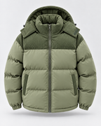 Men's Hooded Puffer Jacket - Corduroy Panel Zip-Up Regular Fit
