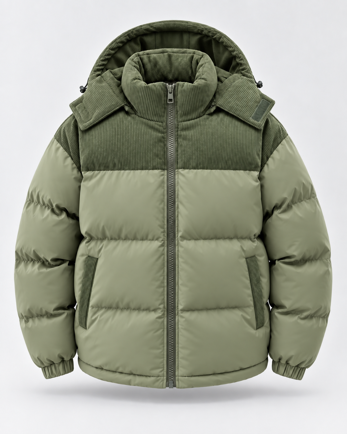 Men's Hooded Puffer Jacket - Corduroy Panel Zip-Up Regular Fit