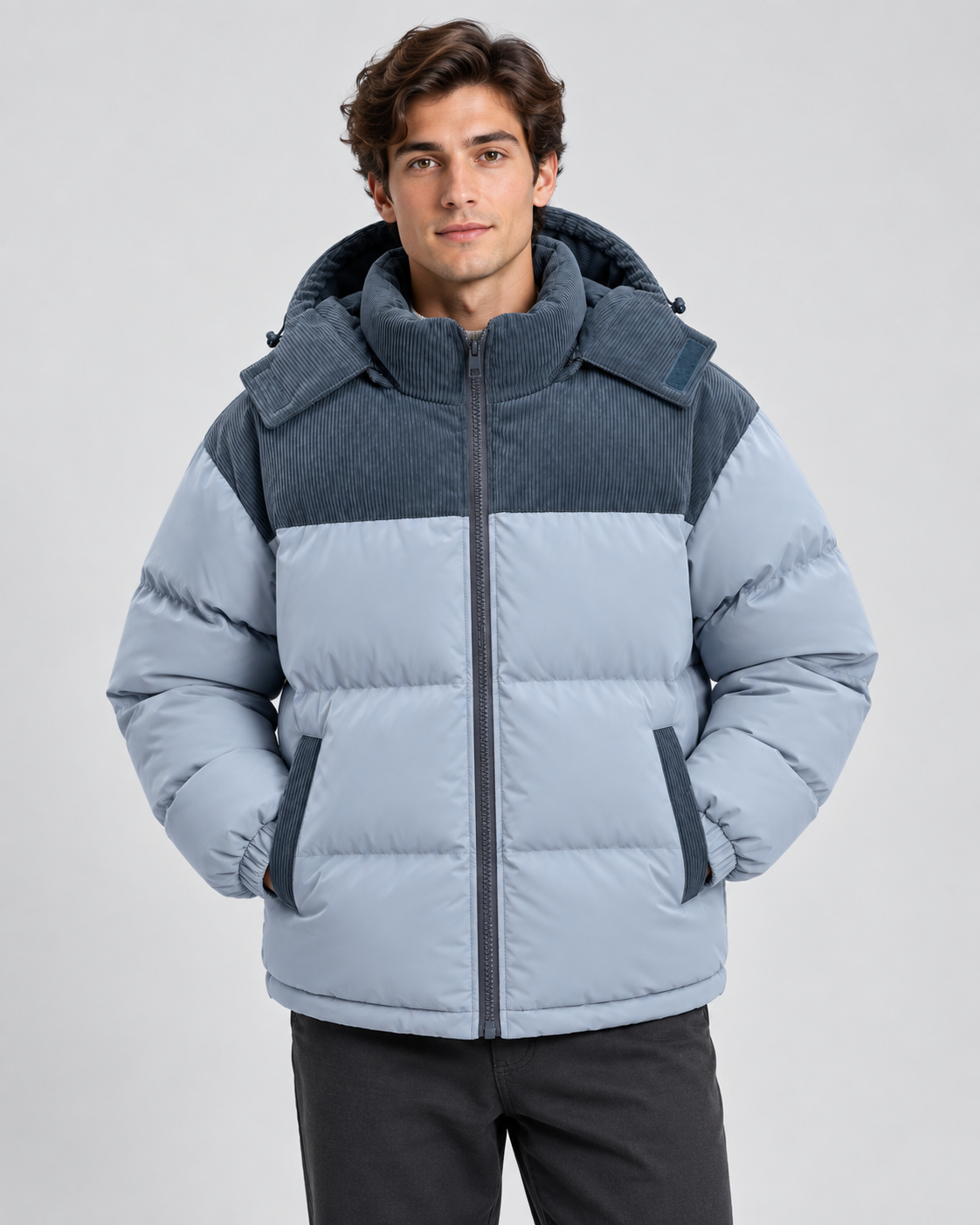 Men's Hooded Puffer Jacket - Corduroy Panel Zip-Up Regular Fit