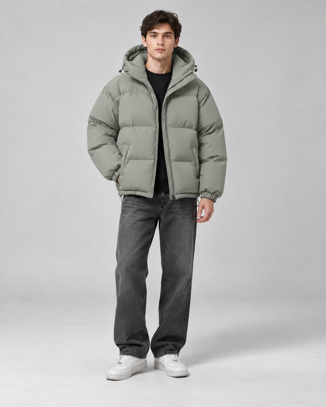 Men's Hooded Puffer Jacket - Quilted Relaxed Fit Drawcord Hem