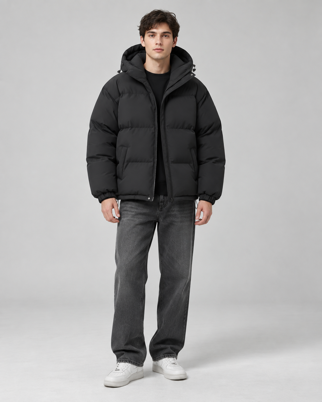 Men's Hooded Puffer Jacket - Quilted Relaxed Fit Drawcord Hem