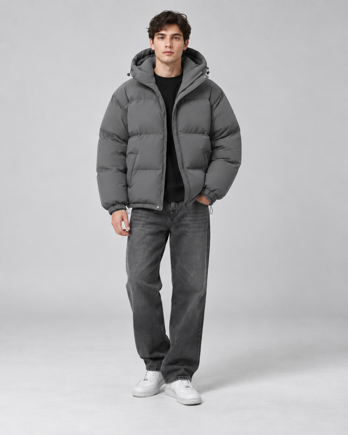 Men's Hooded Puffer Jacket - Quilted Relaxed Fit Drawcord Hem