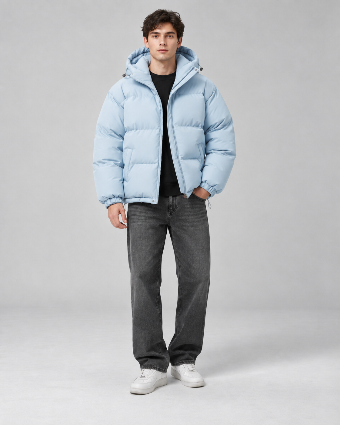 Men's Hooded Puffer Jacket - Quilted Relaxed Fit Drawcord Hem