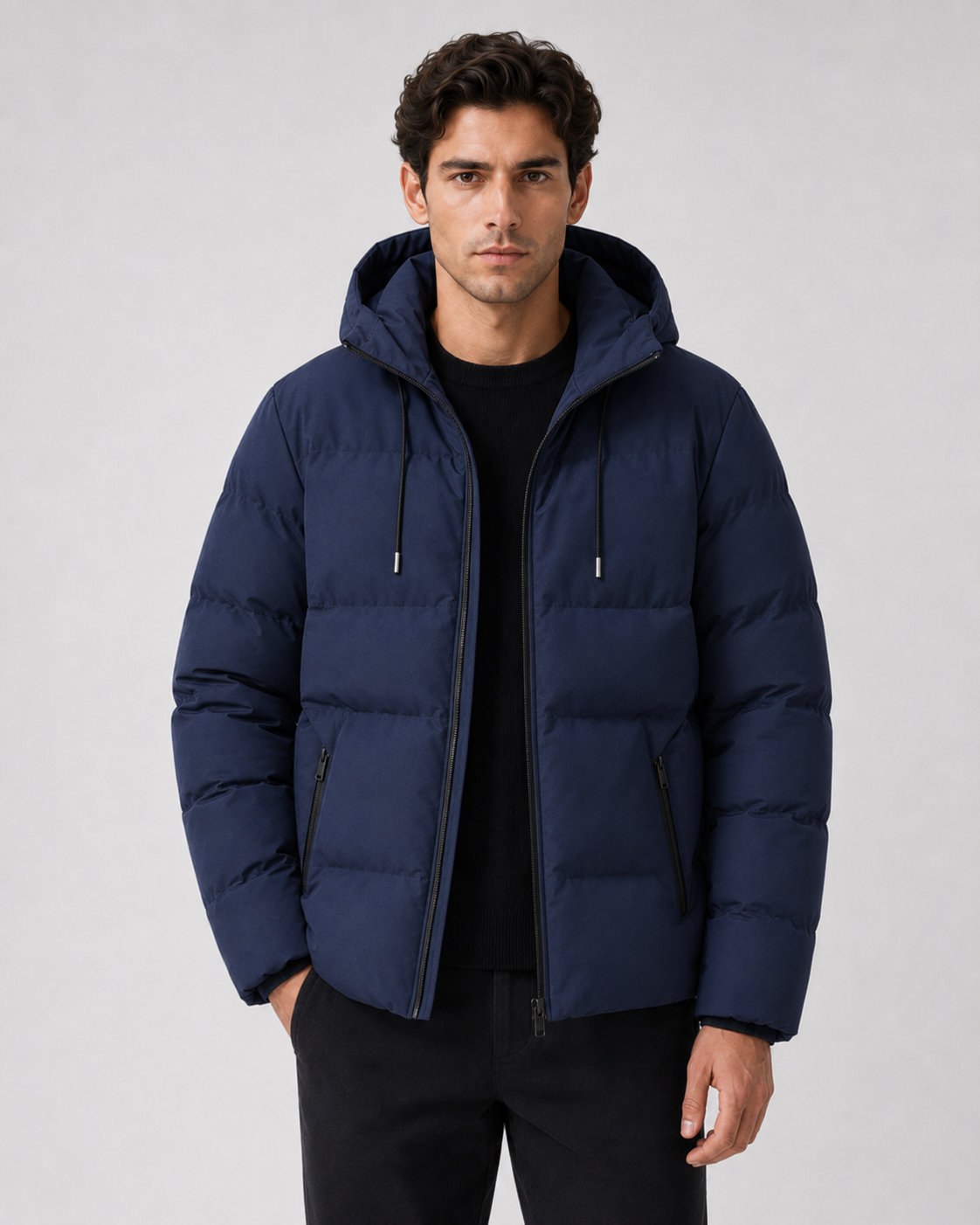 Men's Winter Puffer Jacket with Drawstring Hood and Zip Pockets