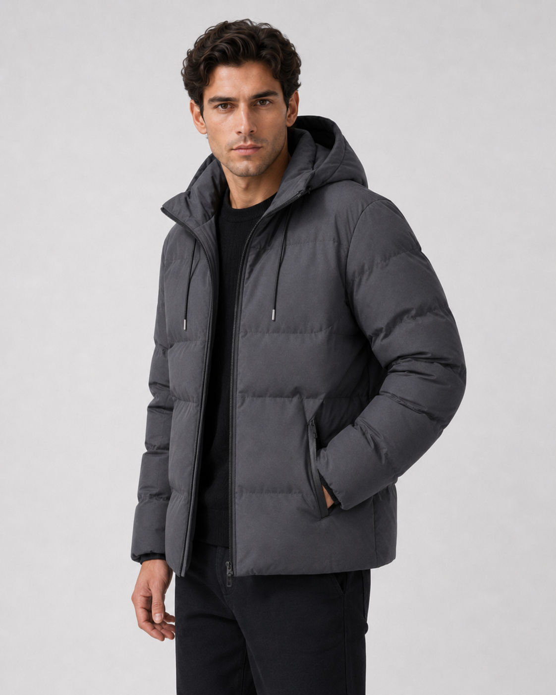Men's Winter Puffer Jacket with Drawstring Hood and Zip Pockets