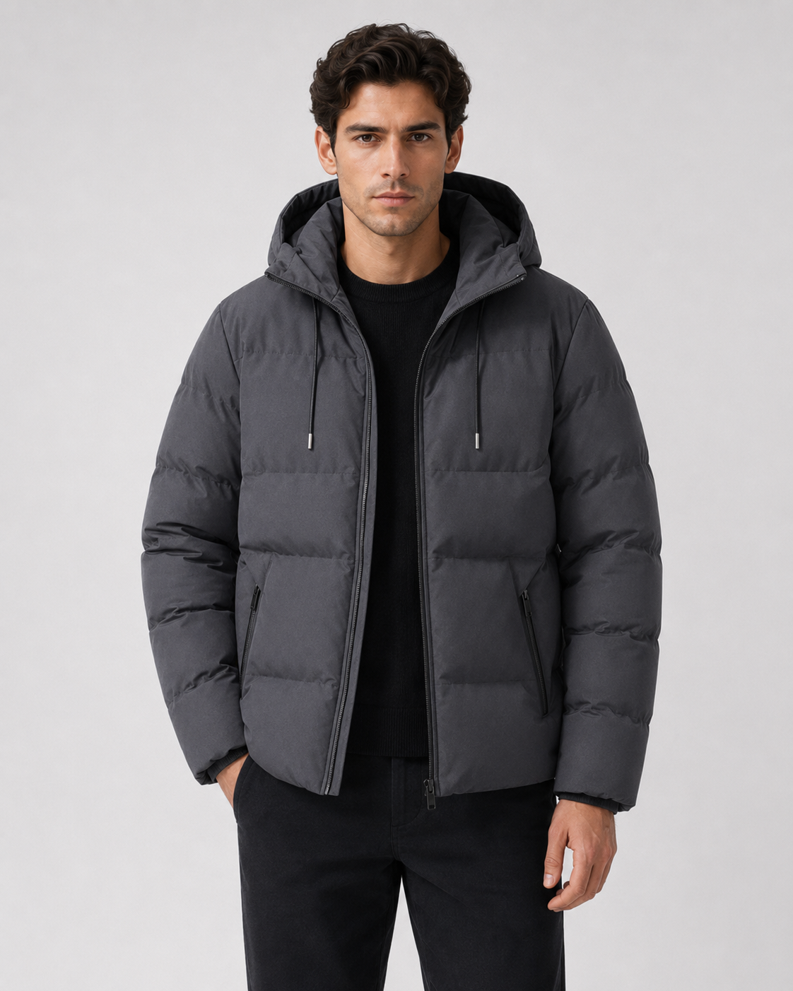 Men's Winter Puffer Jacket with Drawstring Hood and Zip Pockets