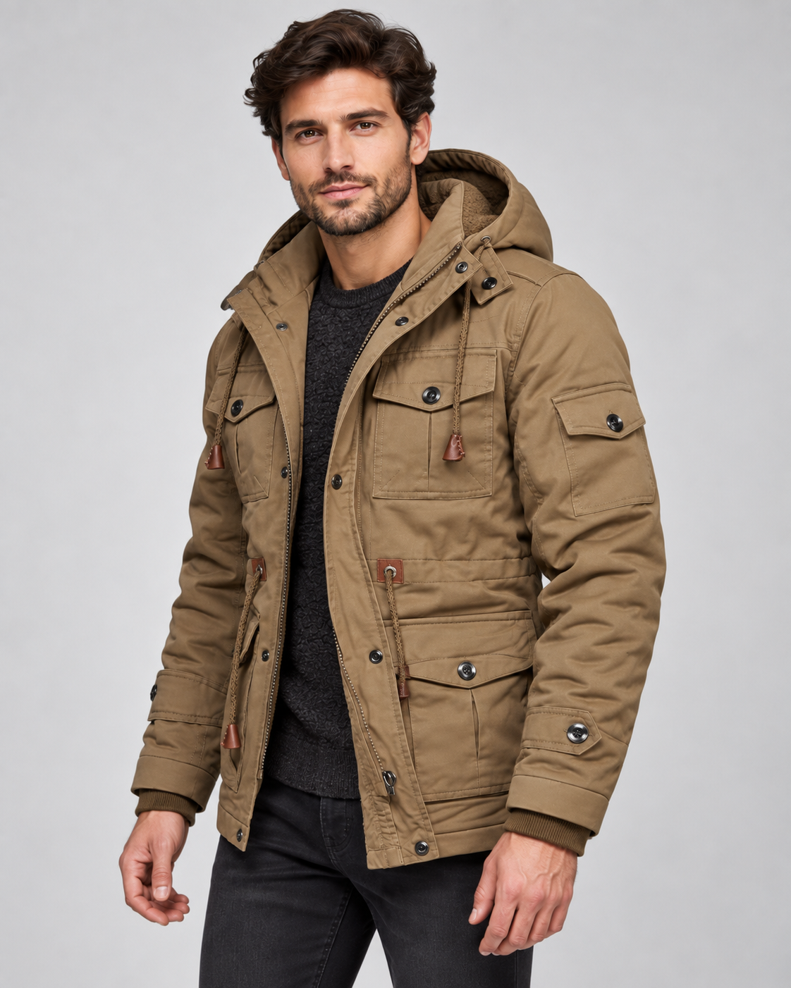 Men's Hooded Utility Parka - Fleece-Lined Multi-Pocket Regular Fit