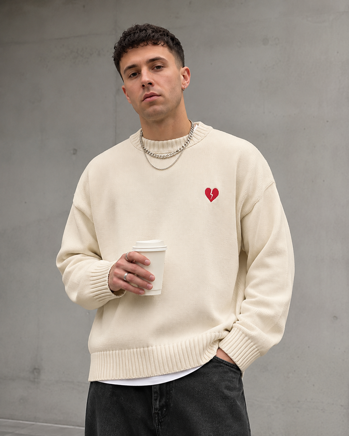 Men's Knit Sweater - Broken Heart Detail Relaxed Streetwear Fit