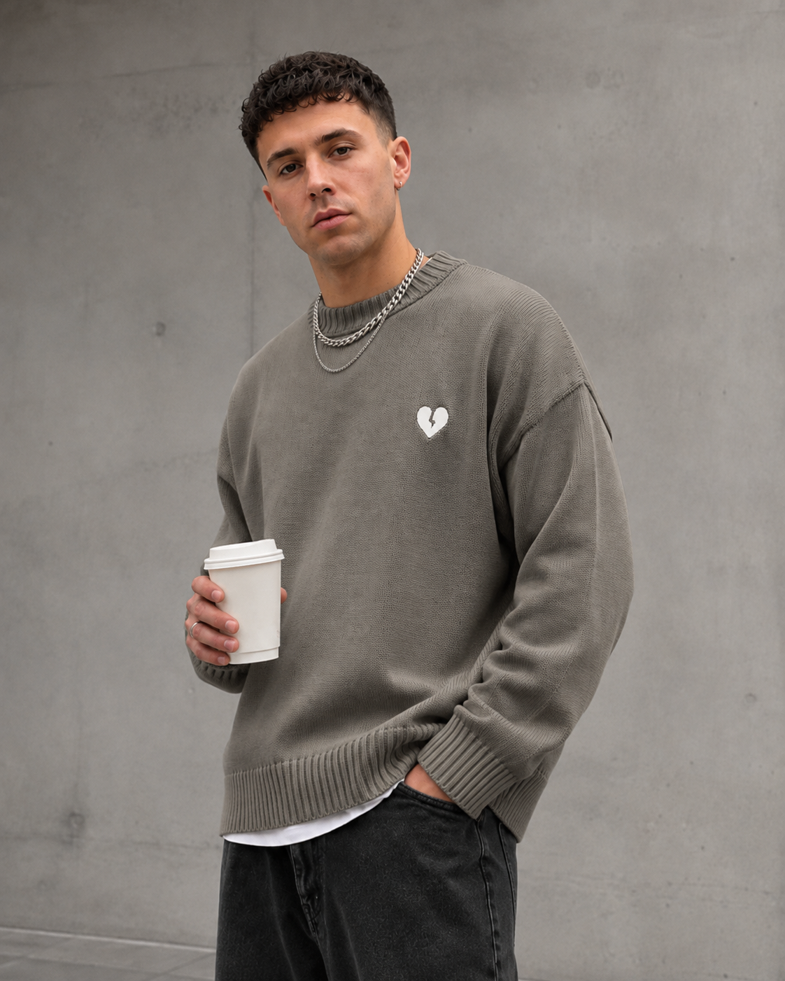 Men's Knit Sweater - Broken Heart Detail Relaxed Streetwear Fit