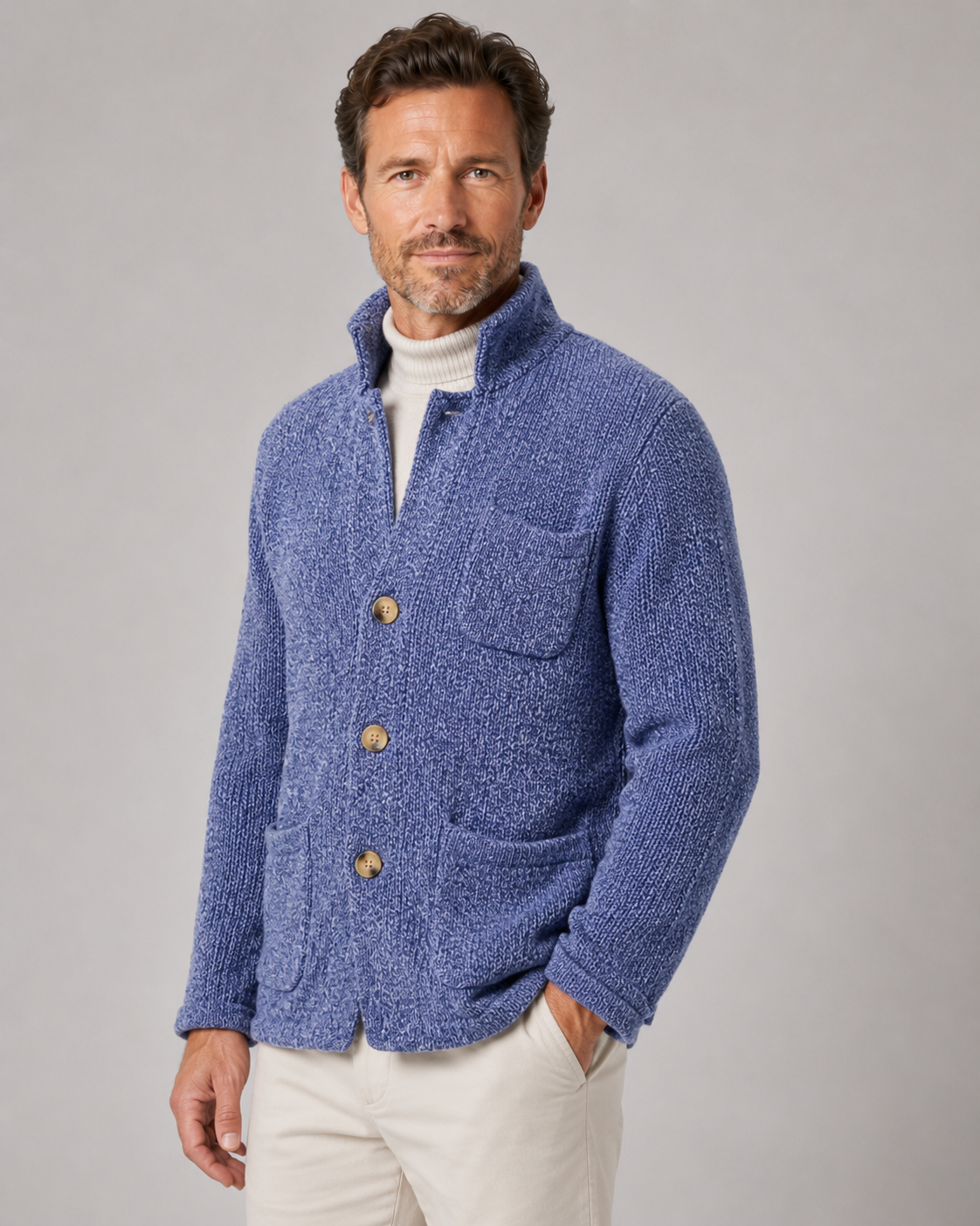 Men's Knitted Button Cardigan - Stand Collar Regular Fit