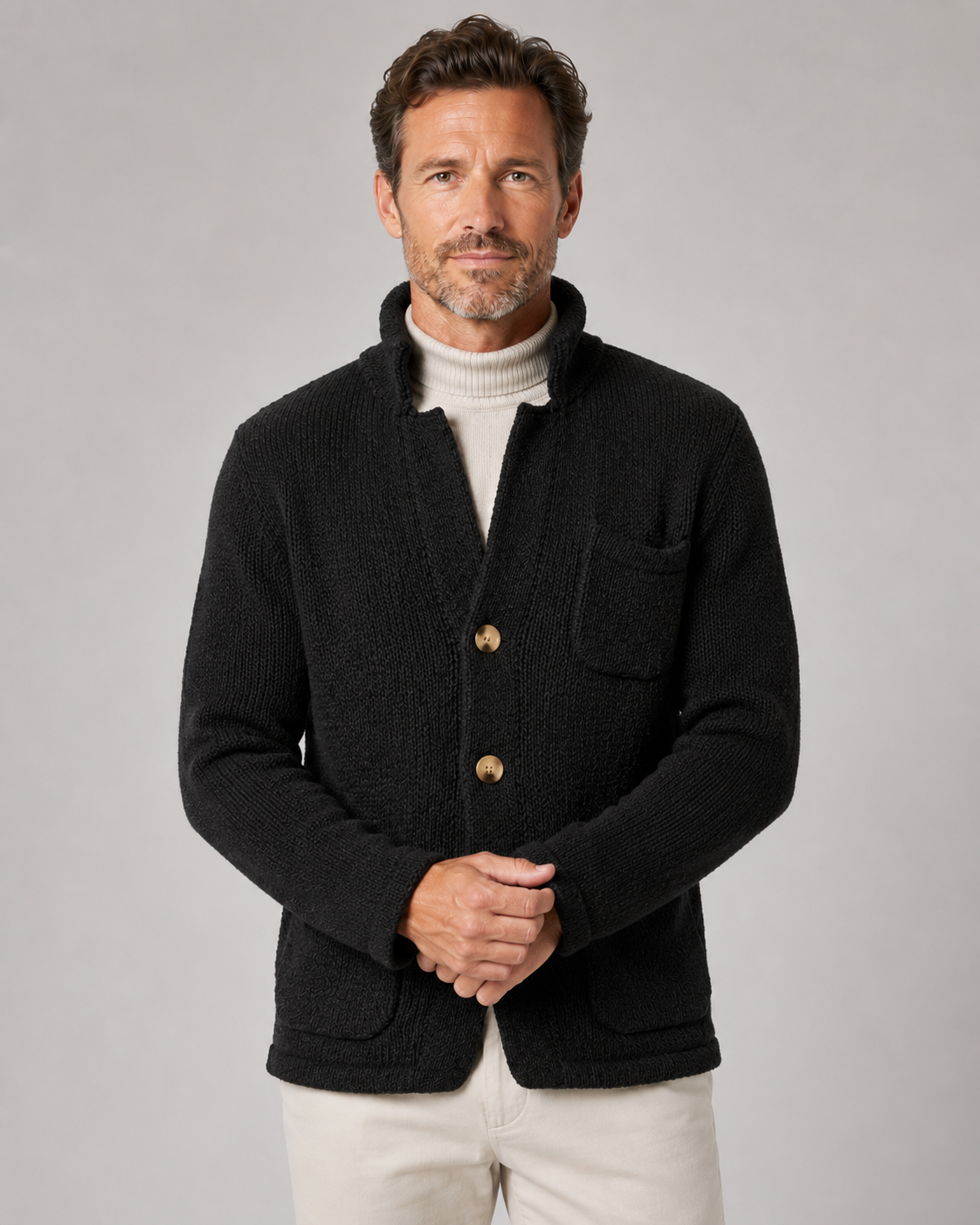Men's Knitted Button Cardigan - Stand Collar Regular Fit