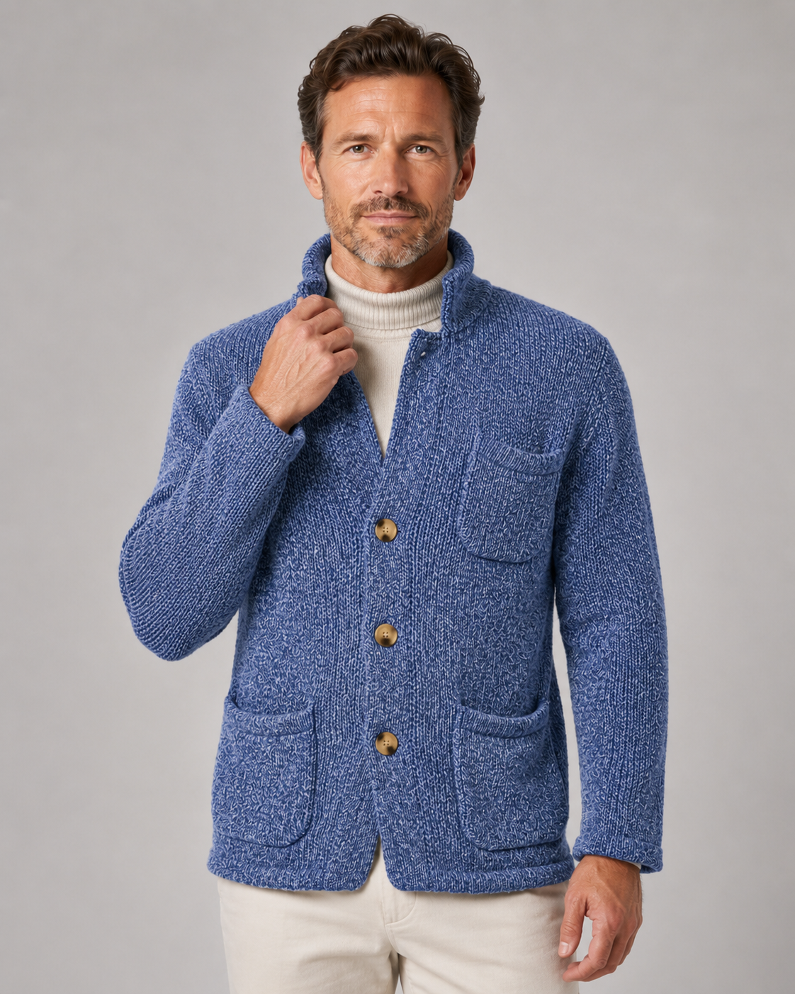 Men's Knitted Button Cardigan - Stand Collar Regular Fit