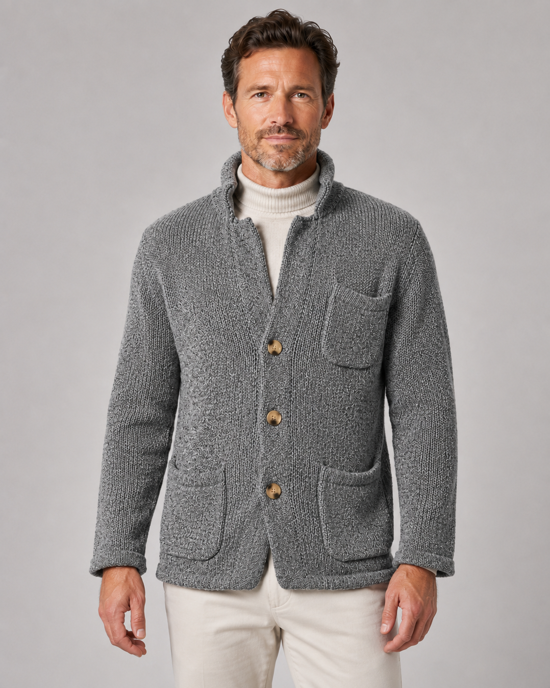 Men's Knitted Button Cardigan - Stand Collar Regular Fit