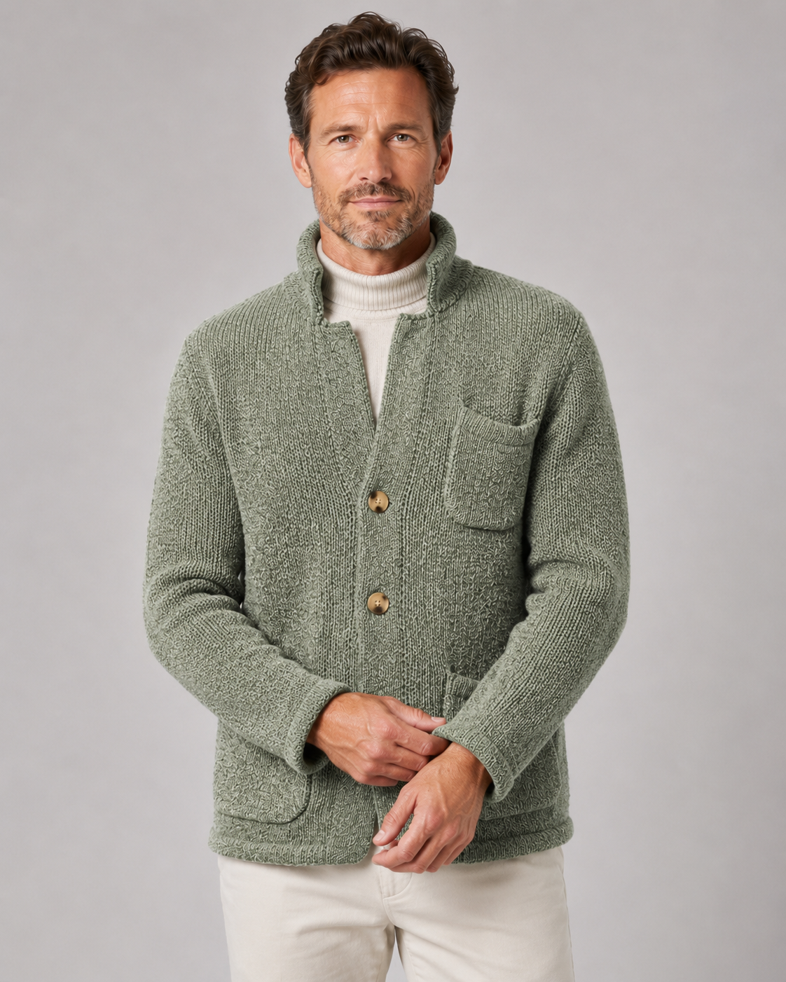 Men's Knitted Button Cardigan - Stand Collar Regular Fit