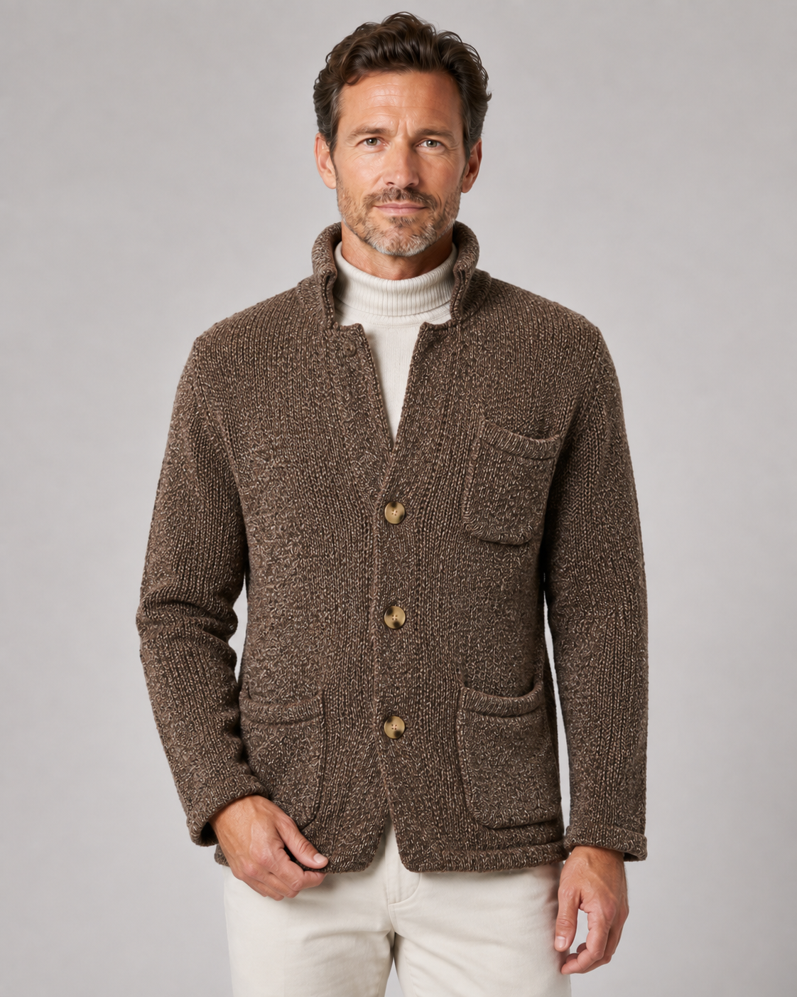 Men's Knitted Button Cardigan - Stand Collar Regular Fit
