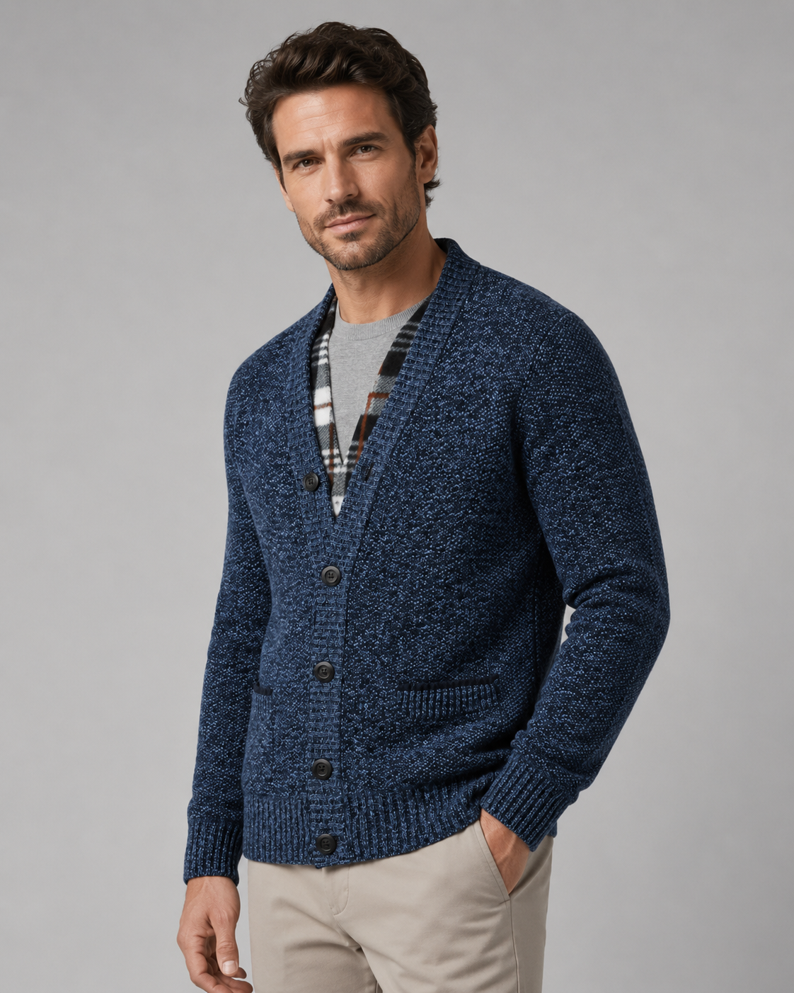 Men's Knitted Button Cardigan - V-Neck Regular Fit Ribbed Trim