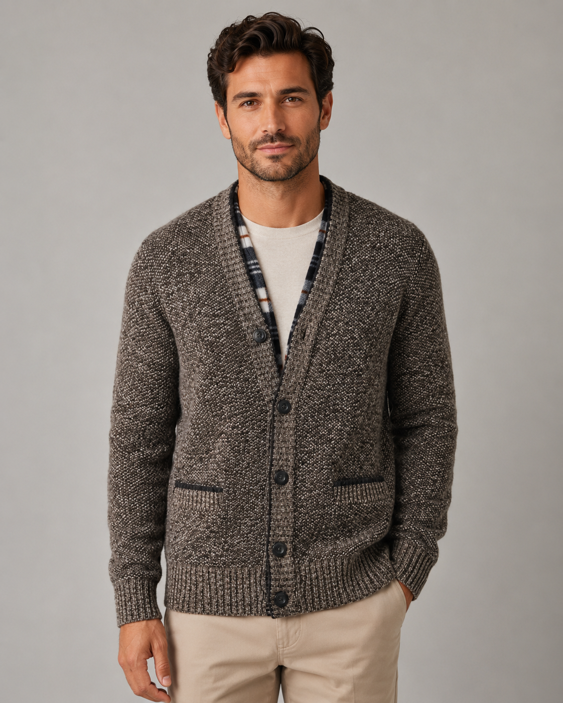 Men's Knitted Button Cardigan - V-Neck Regular Fit Ribbed Trim