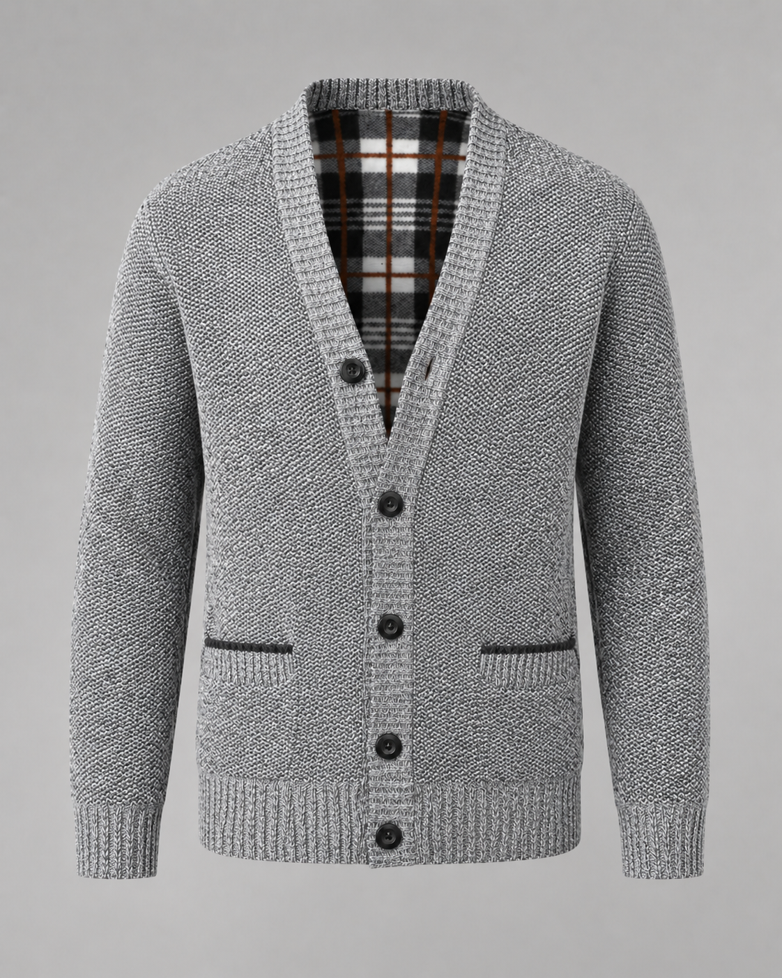 Men's Knitted Button Cardigan - V-Neck Regular Fit Ribbed Trim