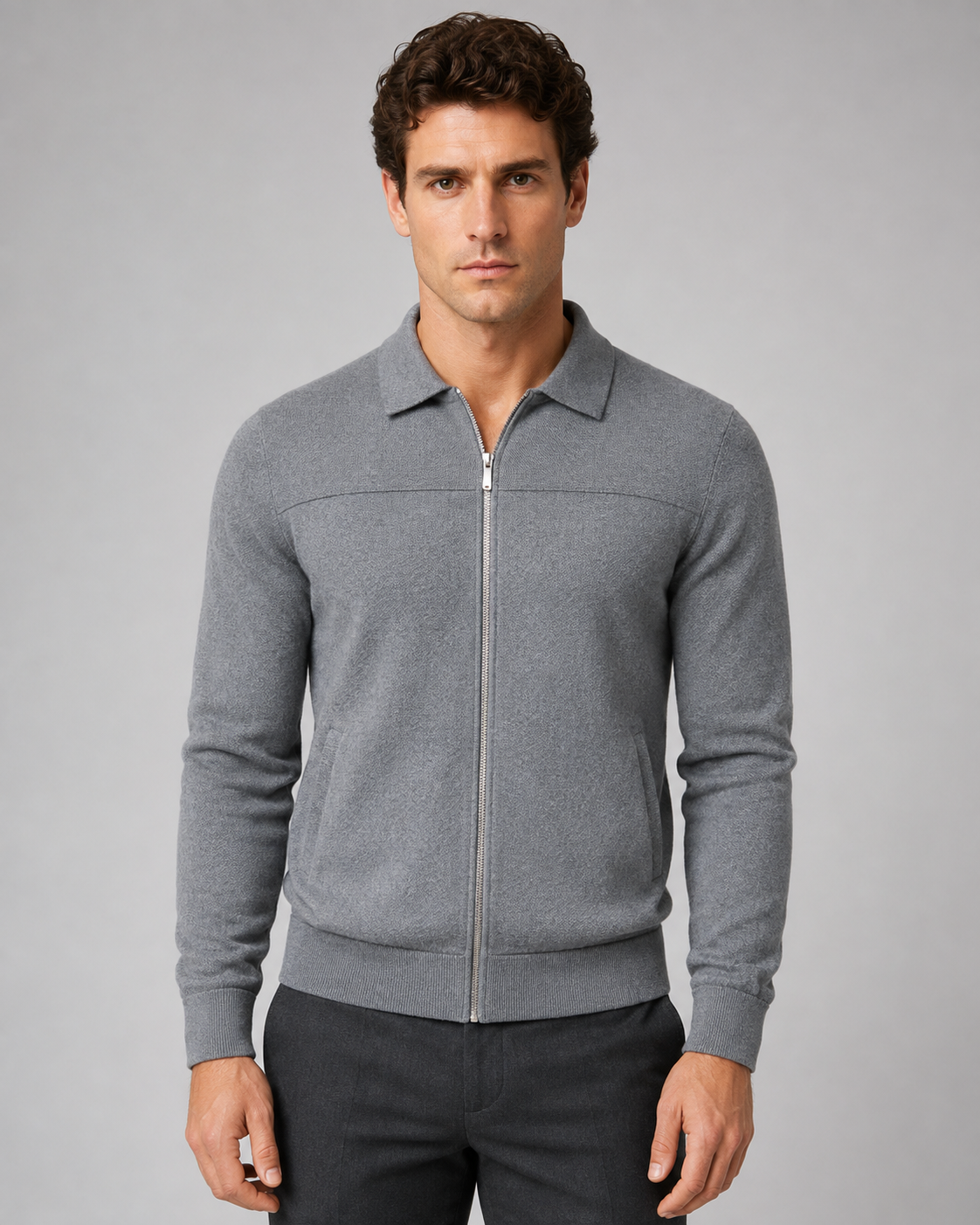 Men's Knitted Full Zip Cardigan - Collared Regular Fit