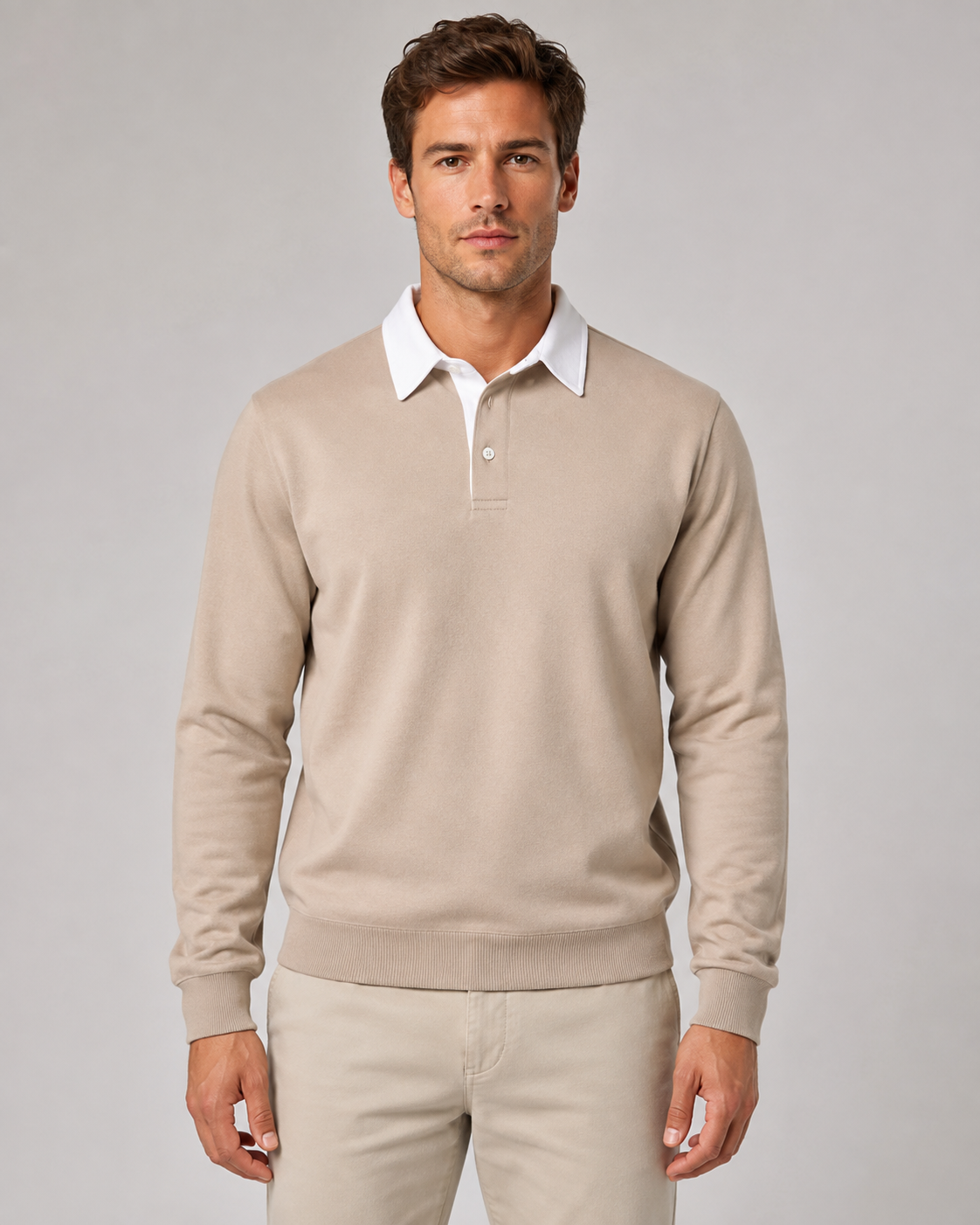 Men's Knitted Polo Sweater - Contrast Collar Long Sleeve