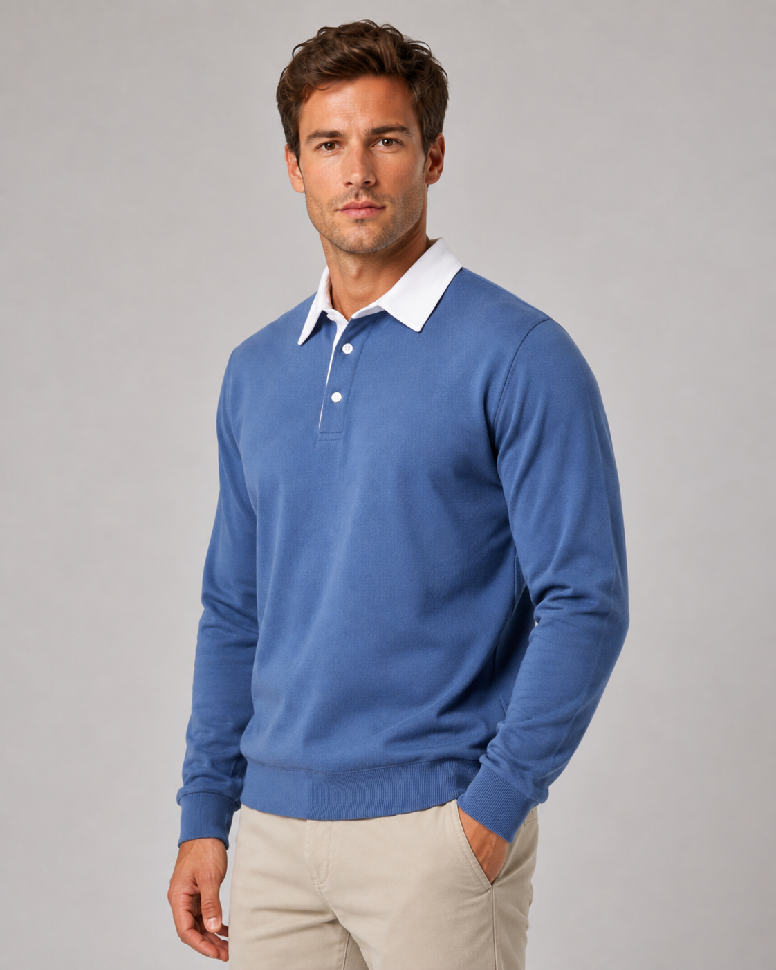Men's Knitted Polo Sweater - Contrast Collar Long Sleeve