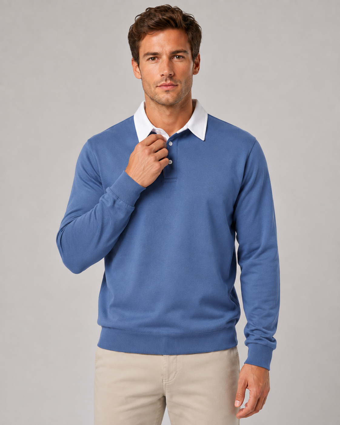 Men's Knitted Polo Sweater - Contrast Collar Long Sleeve