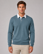 Men's Knitted Polo Sweater - Contrast Collar Long Sleeve