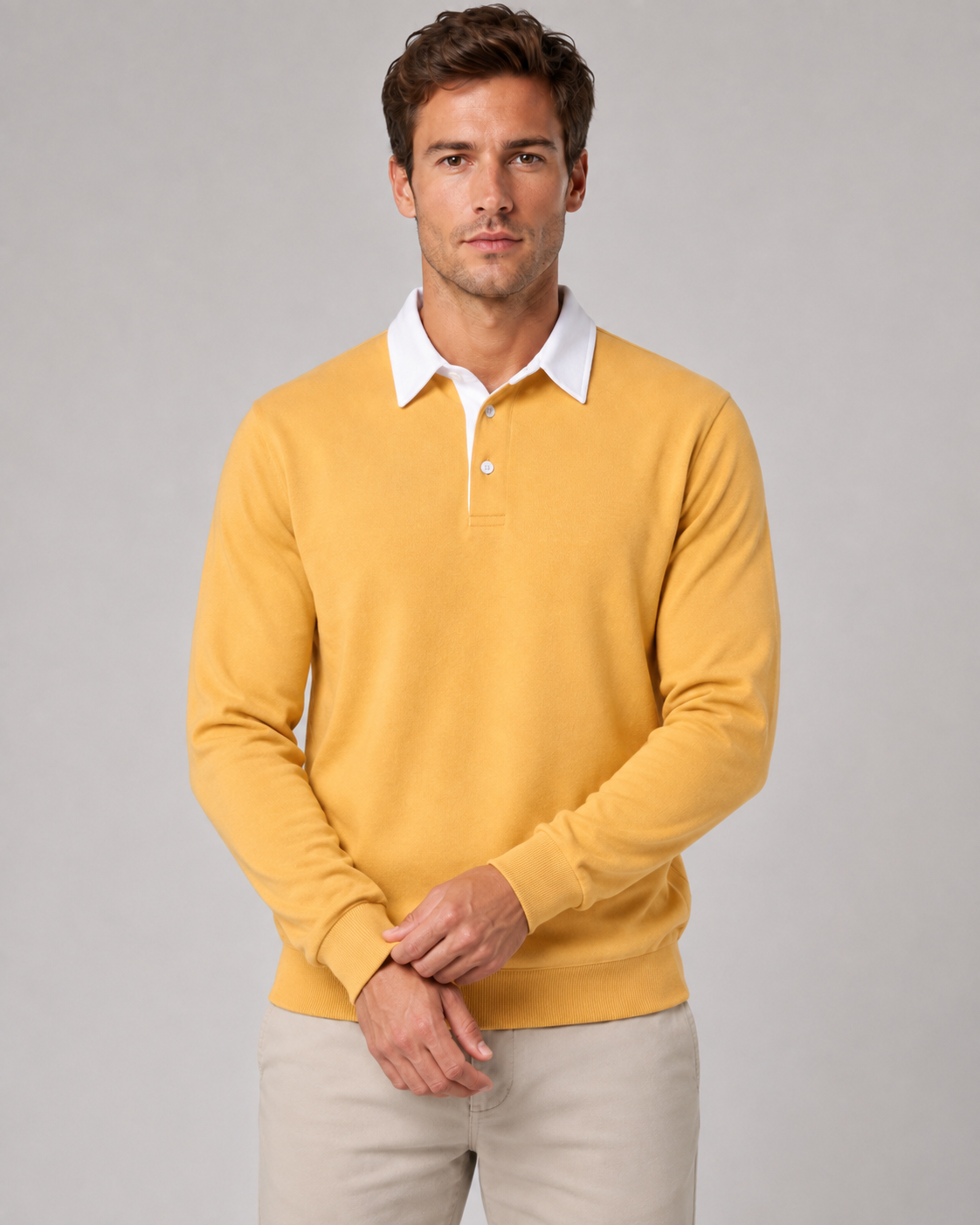 Men's Knitted Polo Sweater - Contrast Collar Long Sleeve