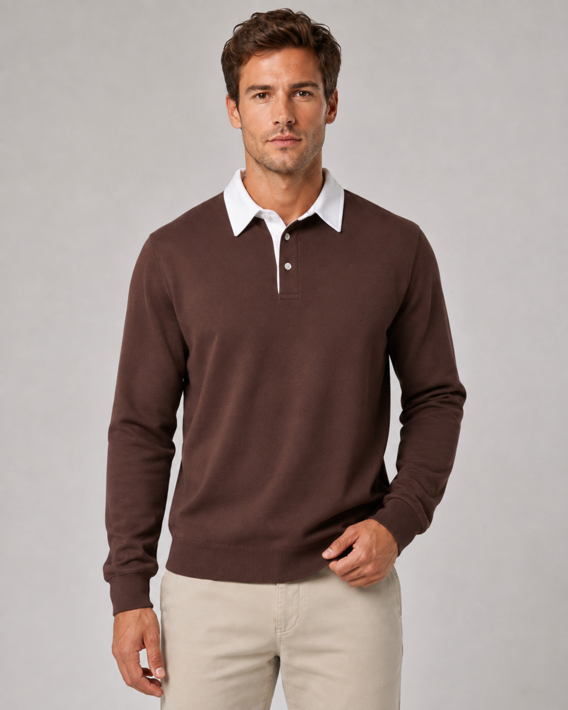 Men's Knitted Polo Sweater - Contrast Collar Long Sleeve