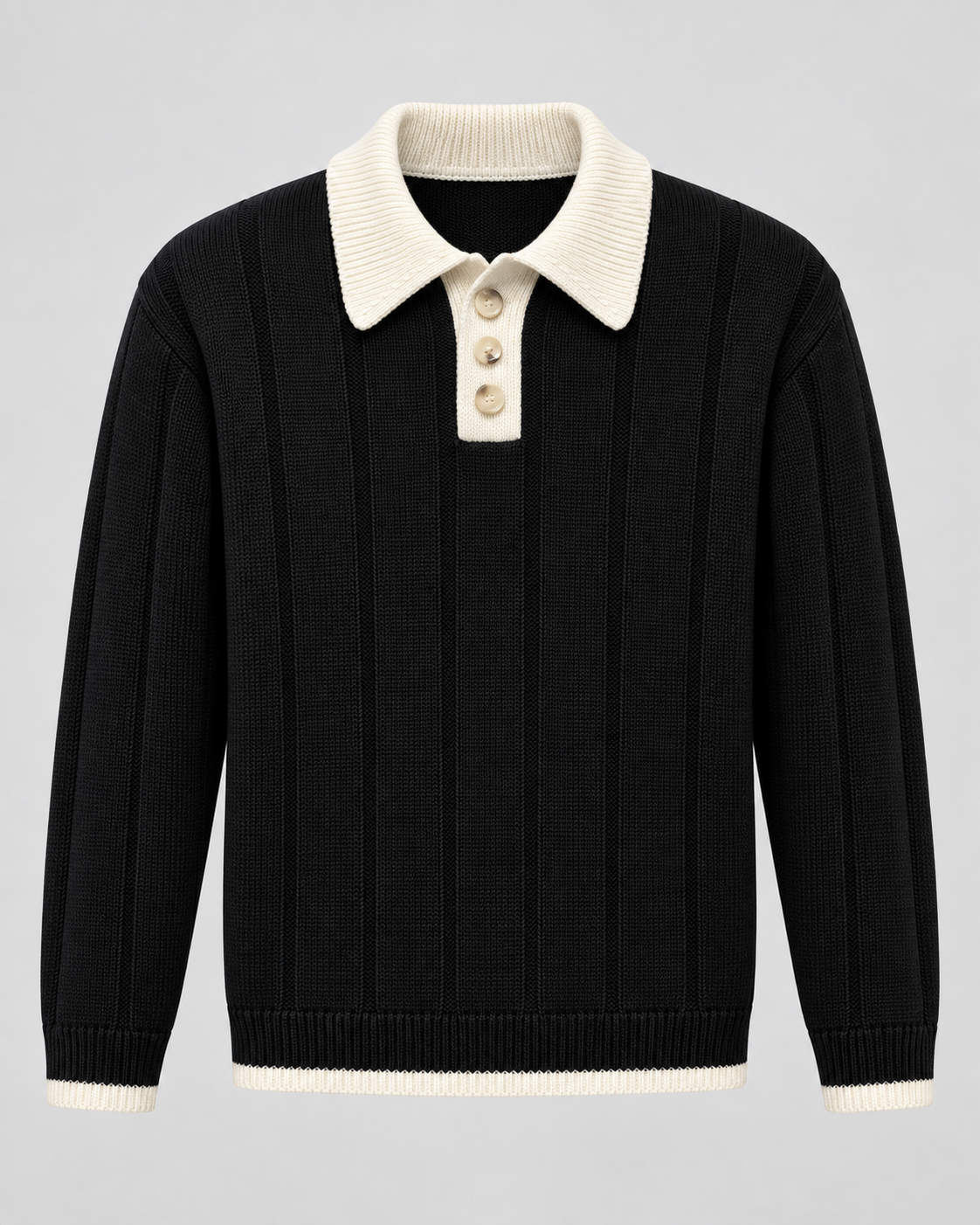 Men's Knitted Polo Sweater - Contrast Collar Ribbed Regular Fit