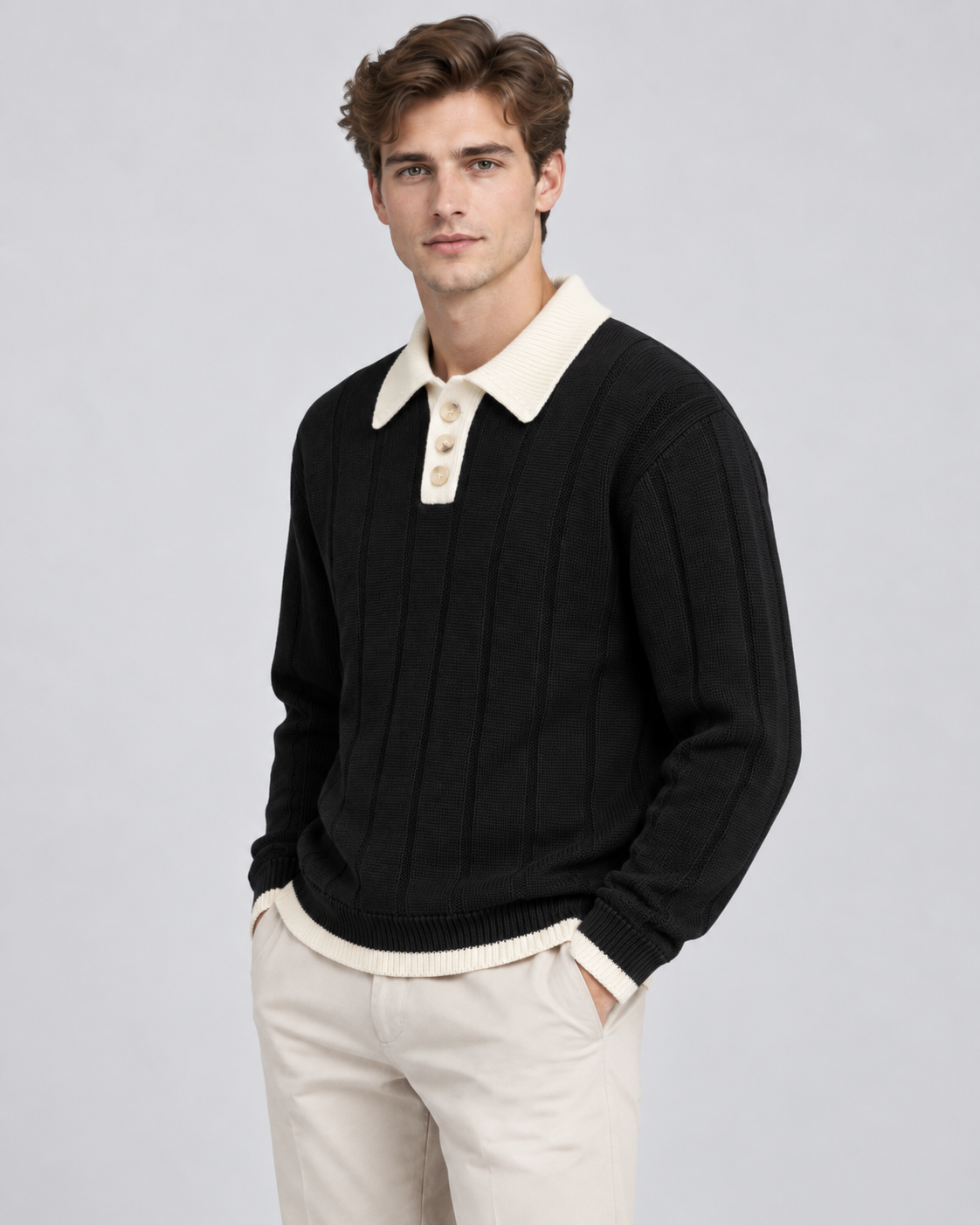 Men's Knitted Polo Sweater - Contrast Collar Ribbed Regular Fit
