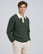 Men's Knitted Polo Sweater - Contrast Collar Ribbed Regular Fit