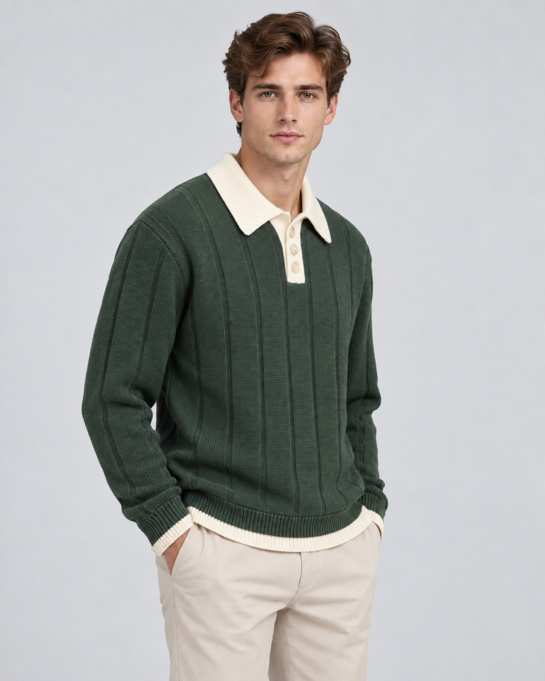 Men's Knitted Polo Sweater - Contrast Collar Ribbed Regular Fit